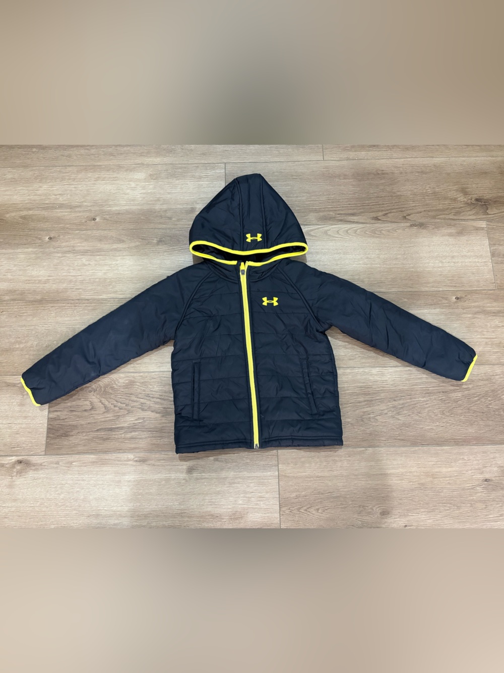 Under Armour Black Hooded Puffer Jacket with Yellow Trim